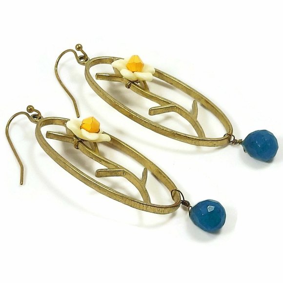 Flowery Drop Earrings W/Blue Stone Women's Jewerly - Picture 3 of 5